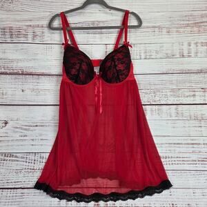 Red Babydoll Sheer Lace Slip 2XL Push Up Bra Lingerie Intimates Romantic Lounge